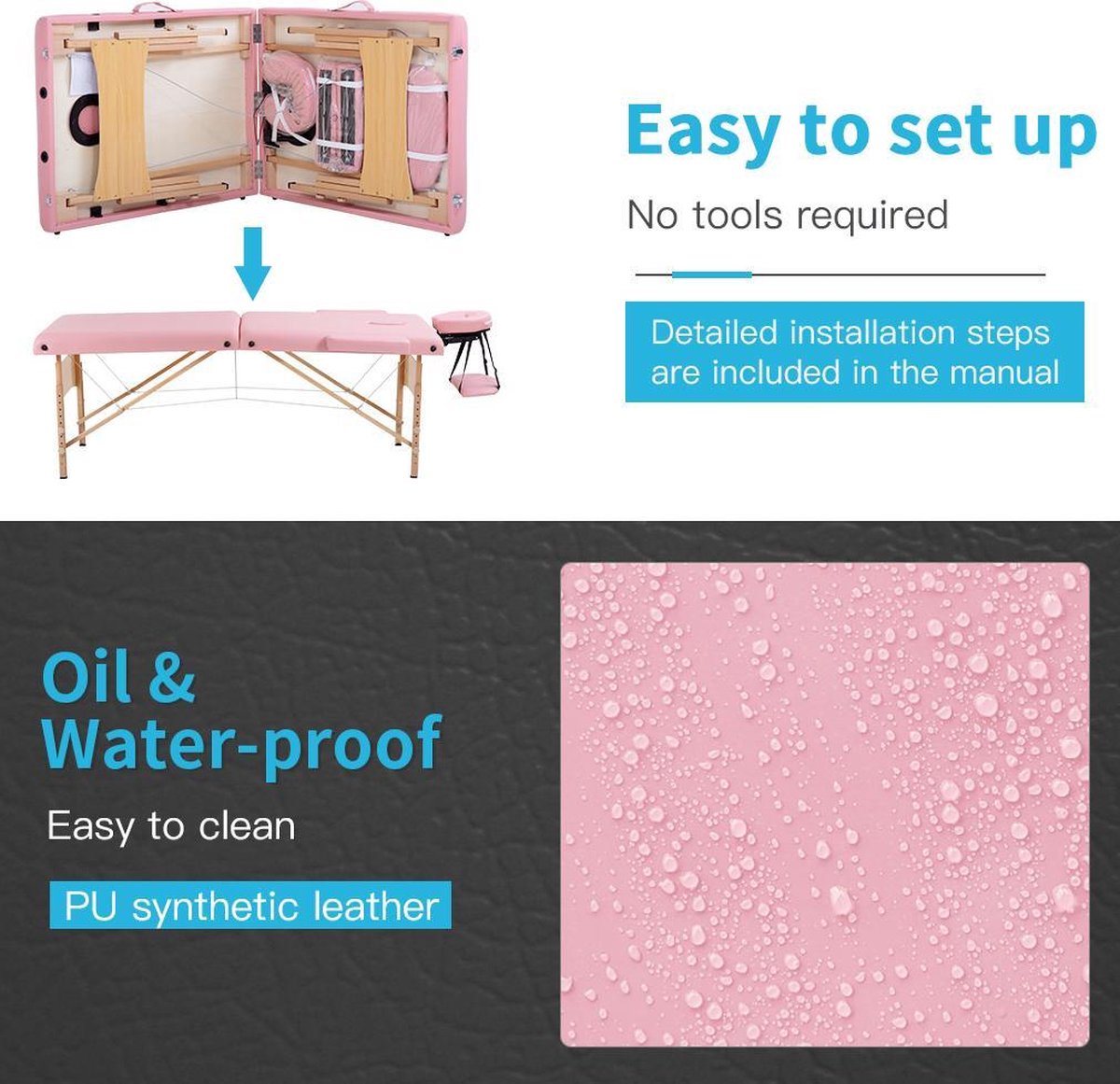 BestMassage MT-T1-Pink, Massagetafel draagbaar massagebed, 186 cm, hoogte verstelbaar en tweevoudig opklapbaar, met draagtas, Roze